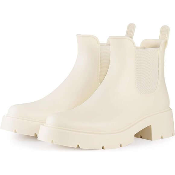 Women's Platform Beige Waterproof Chelsea Double Elastic Ankle Rain Boots